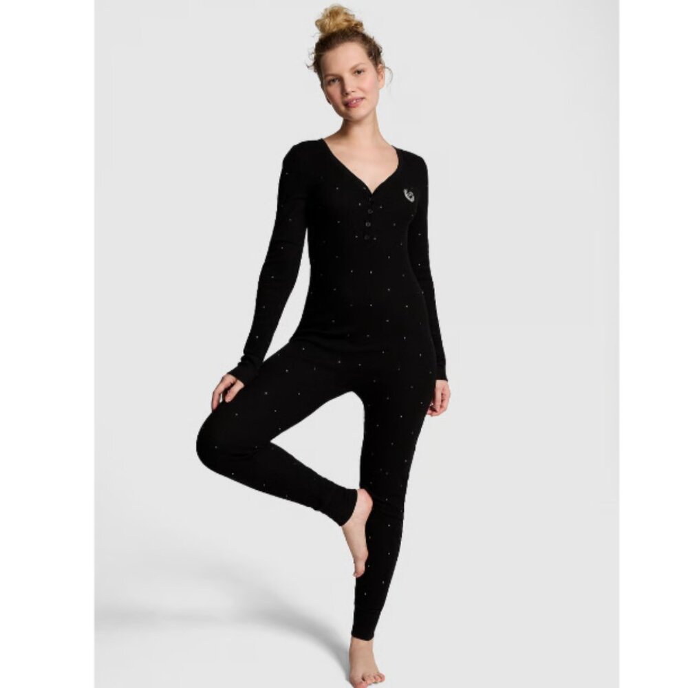 PINK Victoria's Secret Black Bling Rhinestone One Piece Thermal Pajama XS NWT